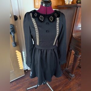 Small sister Jane black dress, scallop fur collar, jewel embellishment